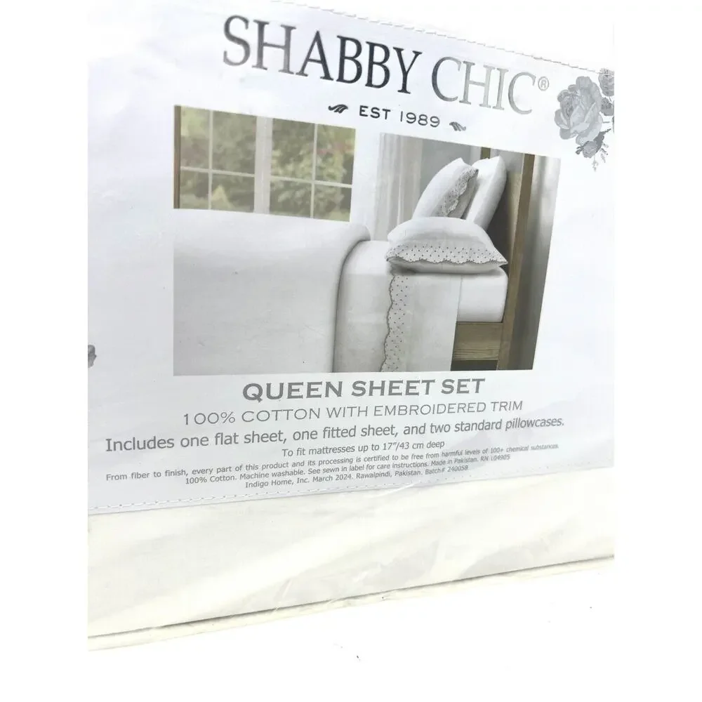 Shabby Chic Embroidered Cotton Queen Sheet Set Scallop Dot NATURAL TAN BEIGE